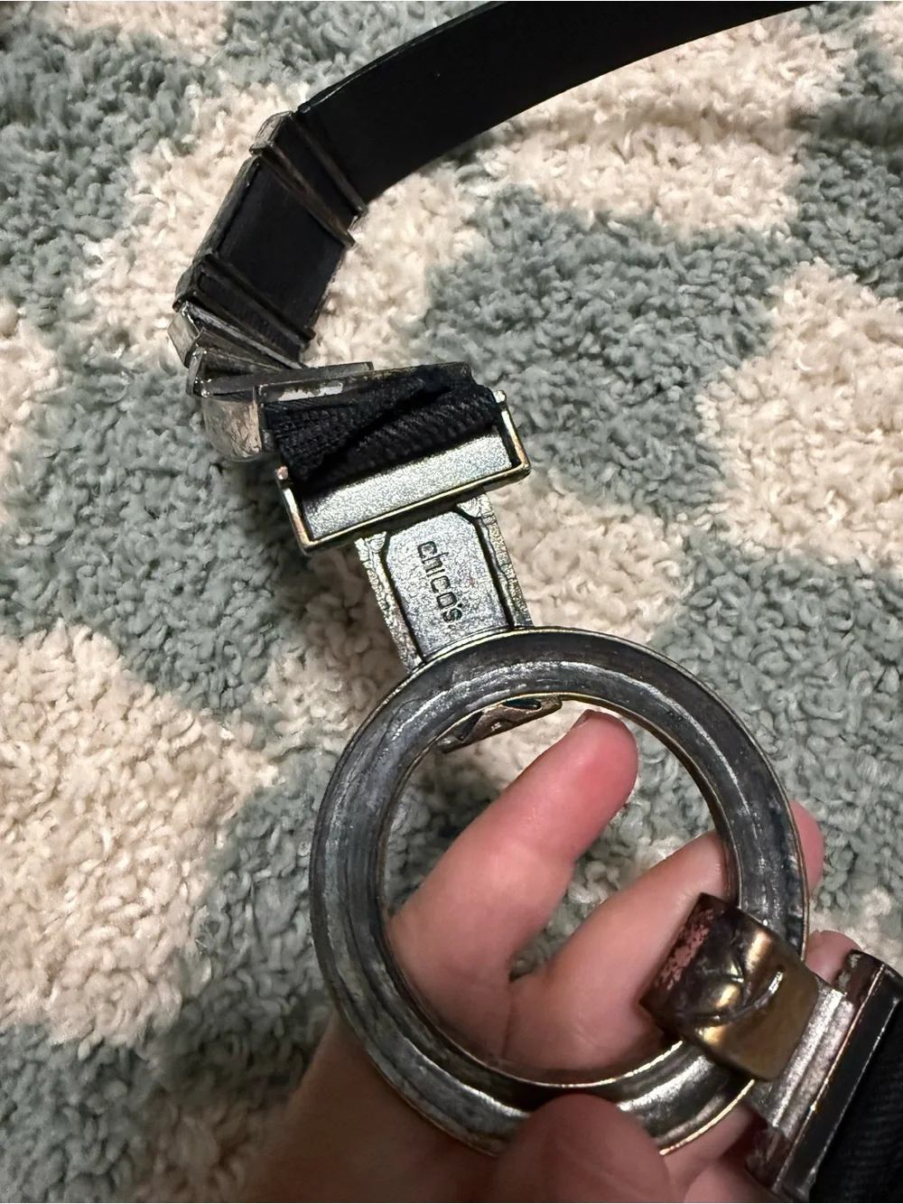 Chico’s black leather women’s belt silver tone links southwestern western Medium